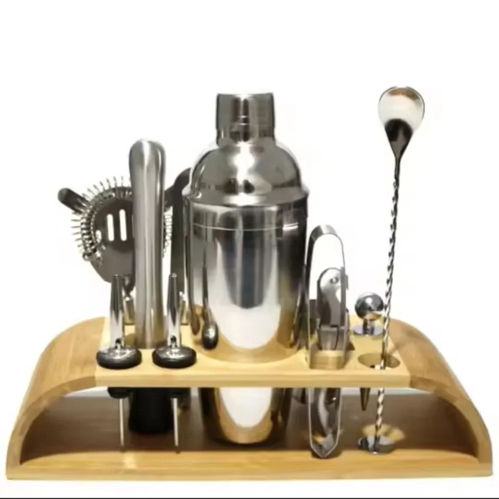 Premium Stainless Steel Cocktail Shaker Set with Wooden Stand – 14‑Piece Set